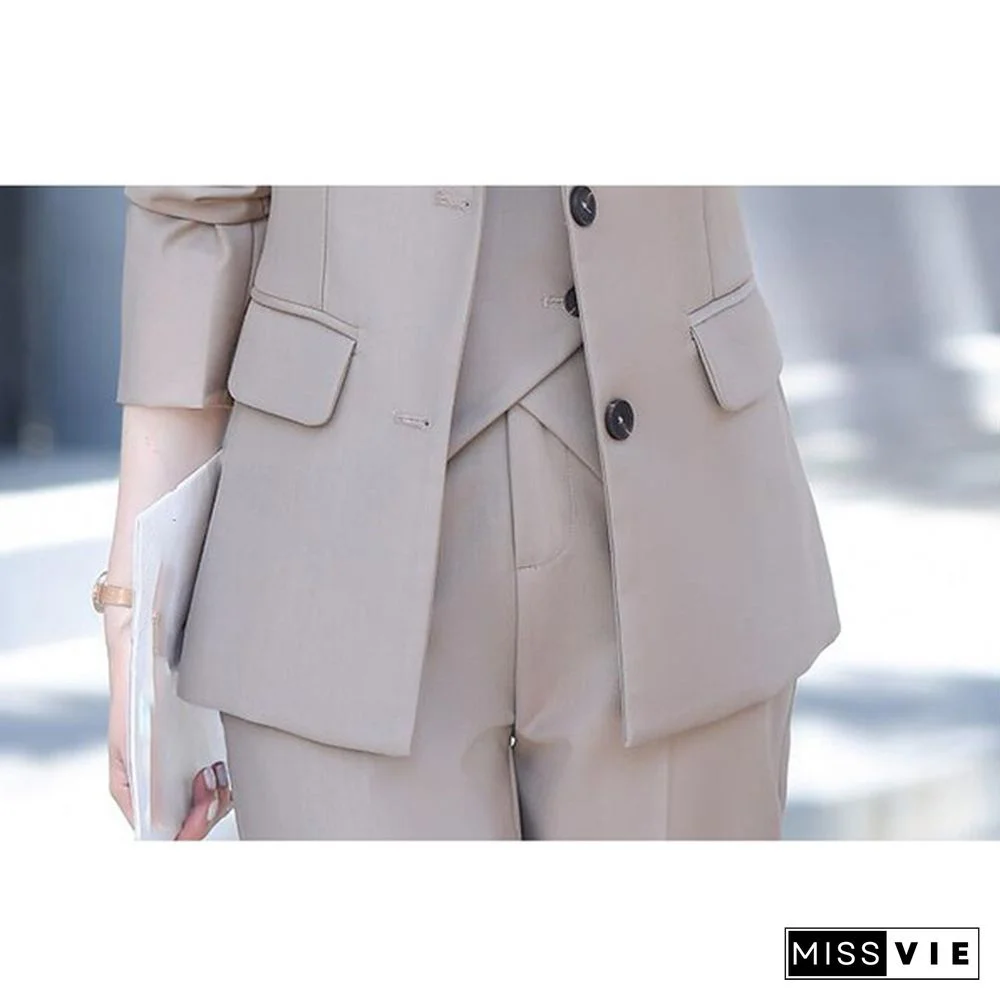 3 Piece Set Women Suits Elegant Ol Slim Blazer Suit+Double Breasted Vest+High Waist Skinny Ankle Length Pants Outfit Sets