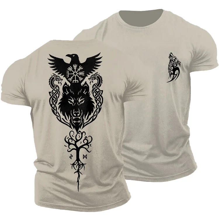 Vegvisir Wolf And Life Tree Runes Graphics Cotton T-shirt
