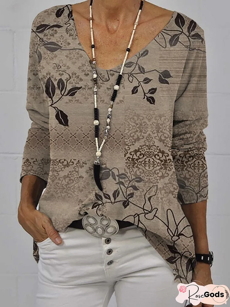 Fashionable Casual Printed Long Sleeve V-Neck T-Shirts