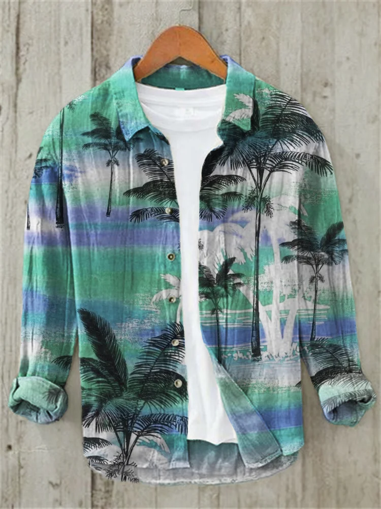 Palm Trees Beach Sunset Gradient Linen Blend Shirt