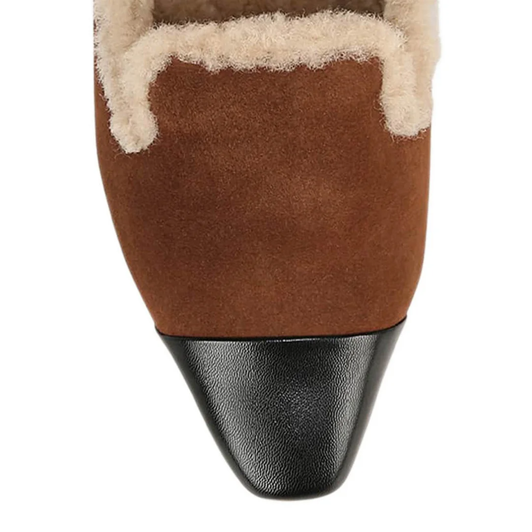 YDN Brown Vegan Suede Square Toe Fur Lining Chunky Heeled Mules
