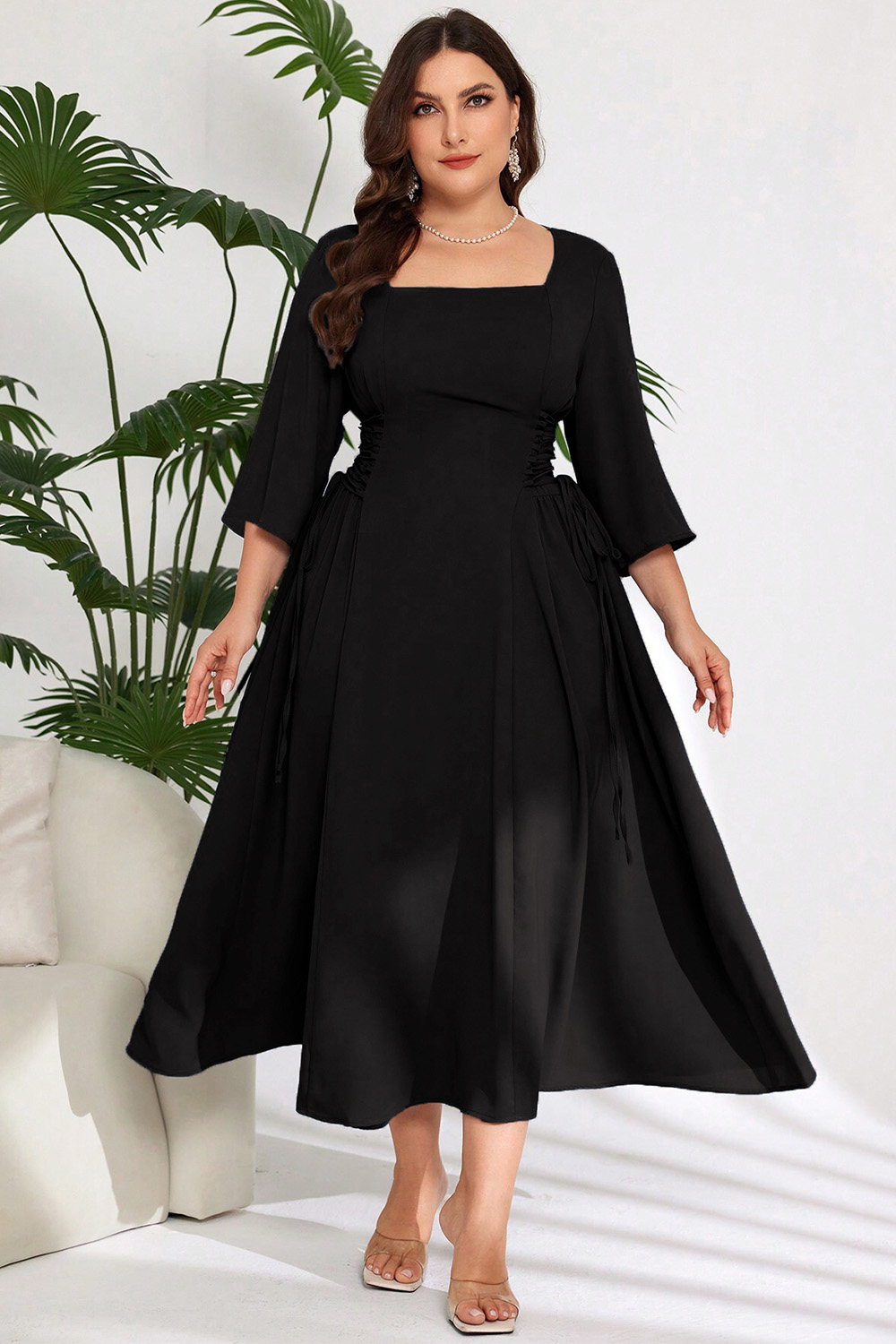 Plus Size Everyday Black Square Neck 3/4 Sleeve Side Lace-Up Midi Dress 2024 - Flycurvy 