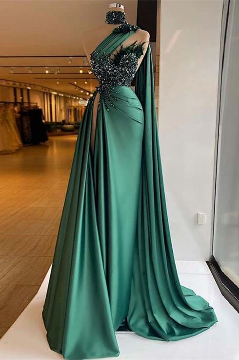 Dresseswow High Neck Emerald Green Evening Gown Split Long With Appliques Beads Ruffles