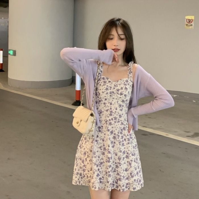 Dress Sets Women 2 Pieces Outfits All-Match Fashion Summer Cropped Lace-Up Sun-Proof Cardigan And Print Purple Lovely Vestidos