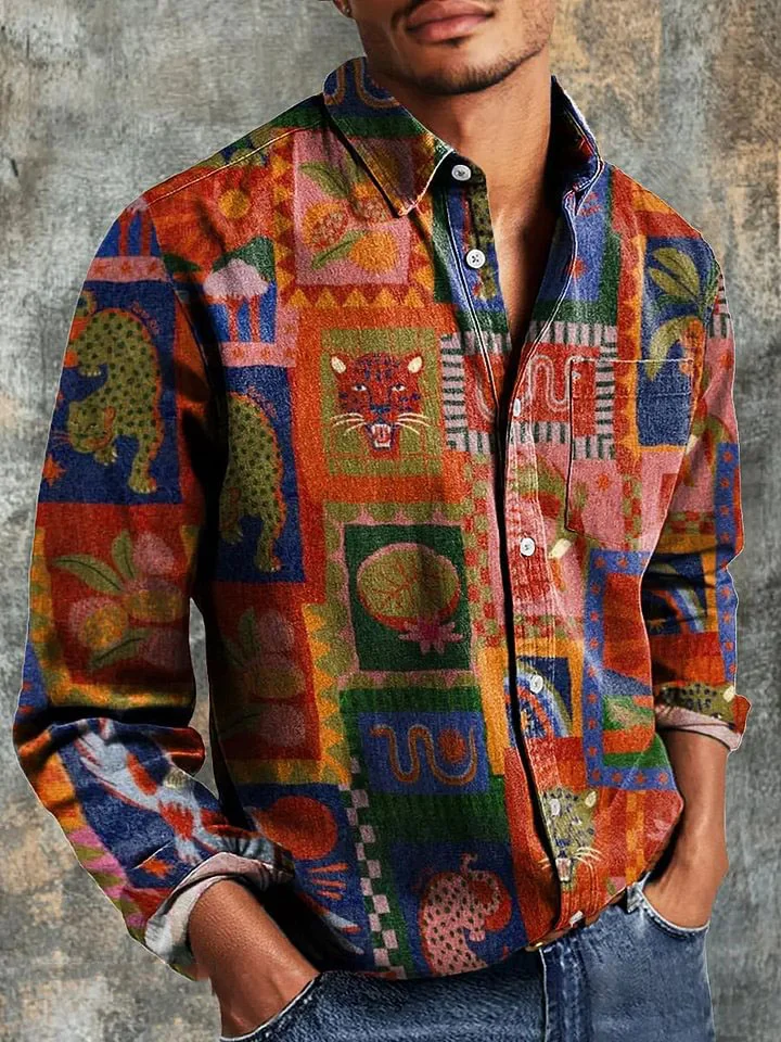 Men's Vintage Fun Animal Geometric Art Print Long Sleeve Pocket Shirt