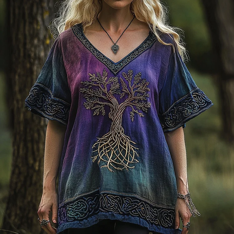 Vintage Viking Tree Of Life Gradient Embroidery Art Women's Linen T Shirt