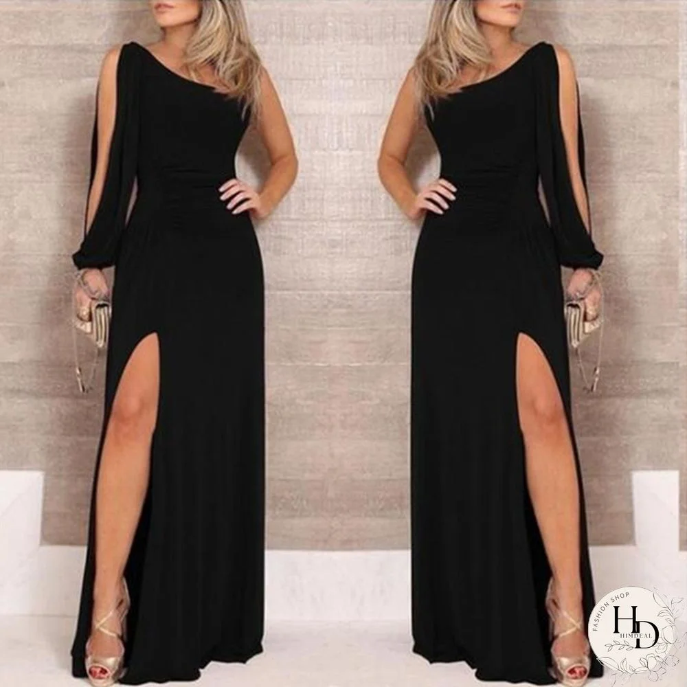 Spring Autumn Sexy Women Fashion Black Evening Long Dress One Shoulder High Slit Party Dress