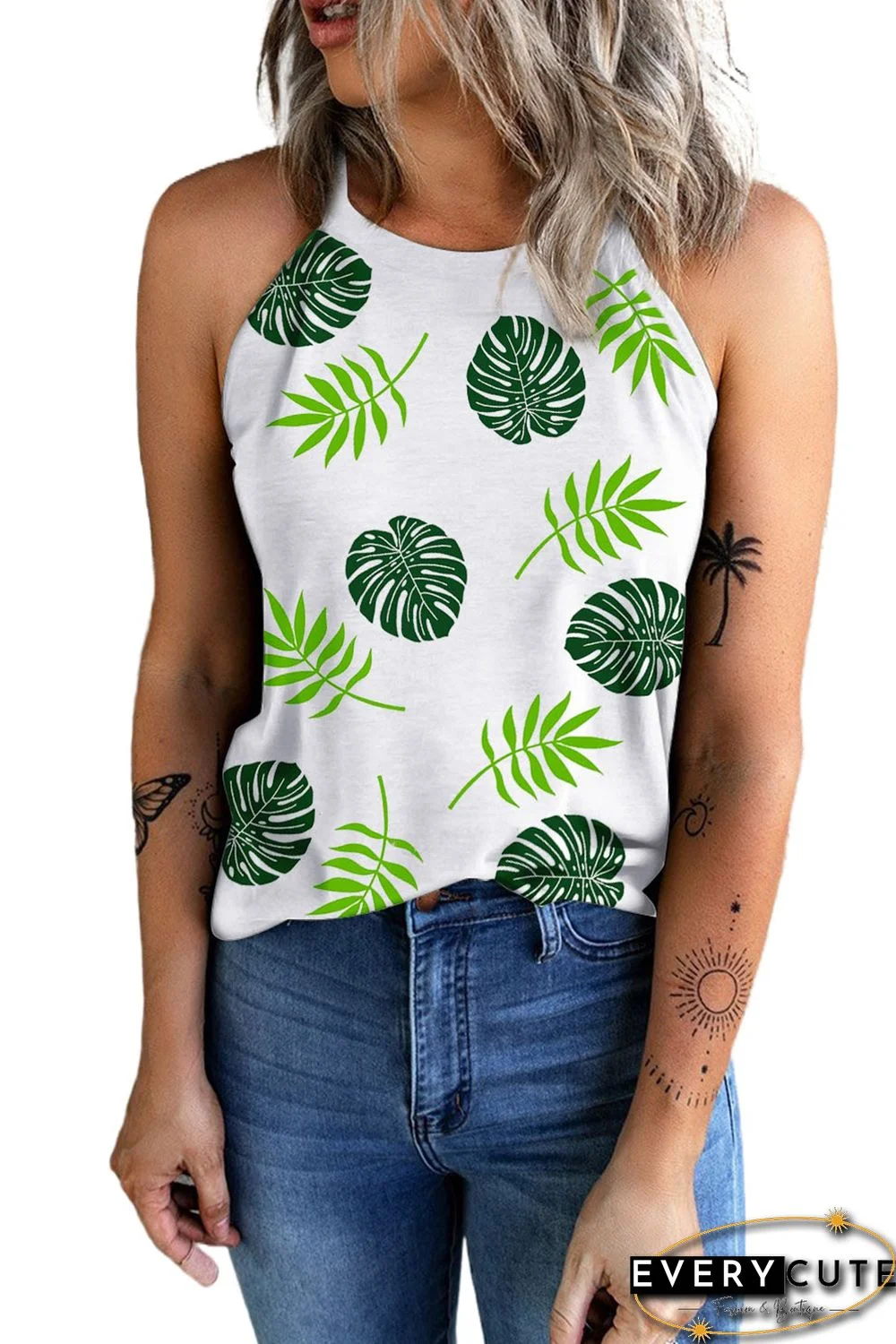 White Palm Leave Graphic Print Slim Fit Halter Tank Top