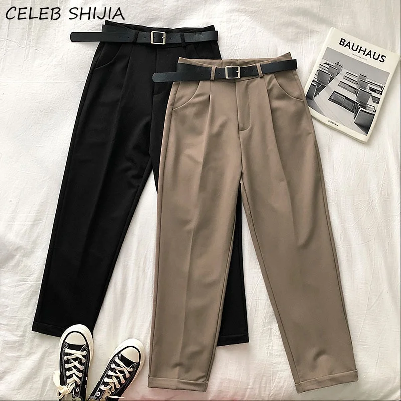 Woherb Gray Pants Woman with Belt High Waist Elegant Straight Leg Pants Office Lady Business Chic Baggy Trousers Woman Clothes