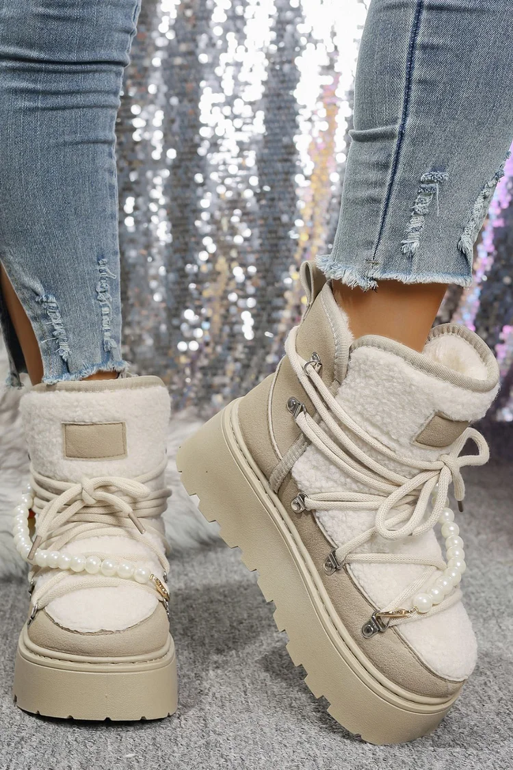 Daily Black Faux Fur Pearl Beads Strap Lace Up Platform Round Toe Boots 2024 - Xpluswear