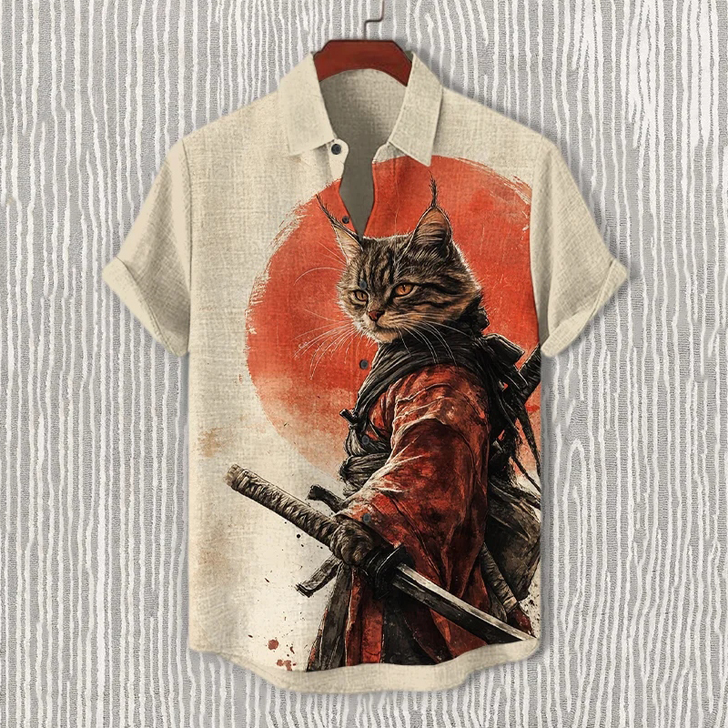 Men's Samurai Cat Art Print Short Sleeve Shirt  artssus
