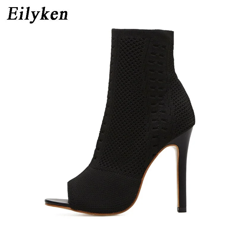 Eilyken Spring Autum New Design Women Ankle Boots Peep Toe Knitted Stretch Fabric Boots Sexy Cut-Out Thin High Heels Shoes Woman