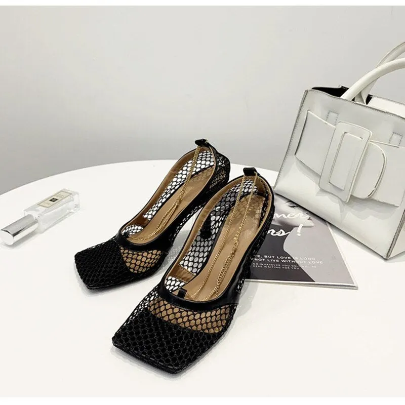 2020 Runway style Women Pumps Fashion Square toe chains thin heeled Summer High heels Elegant Hollow out Mesh Office Lady Shoes