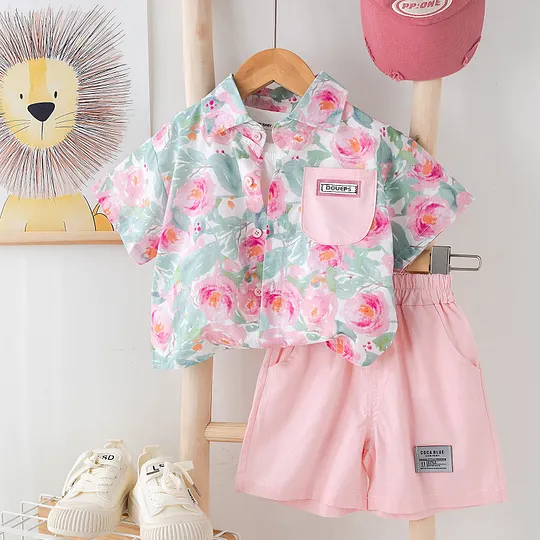 【12M-5Y】Unisex Fashionable Floral Shirt & Shorts Set – Vacation Style