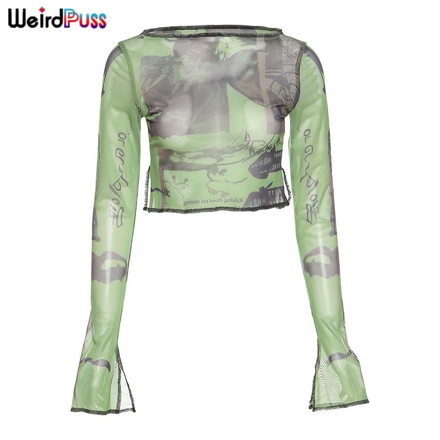 Weird Puss Y2K Vintage Print Mesh Crop Top Women Side Slit Flare Sleeve Slim T-Shirts Trend Casual Streetwear Autumn Skinny Tees