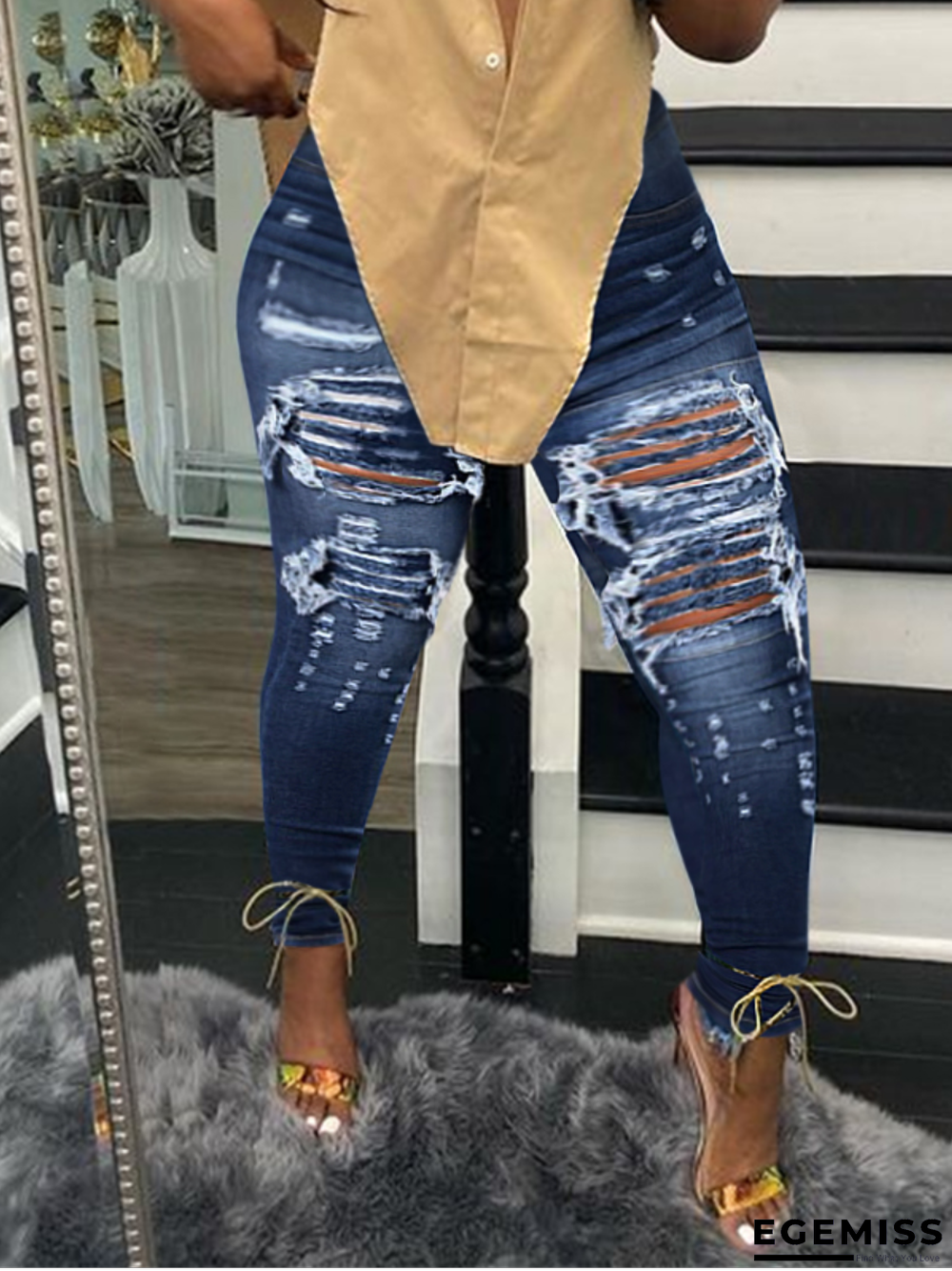 Deep Blue Casual Street Solid Ripped Hollowed Out Patchwork High Waist Denim Jeans | EGEMISS