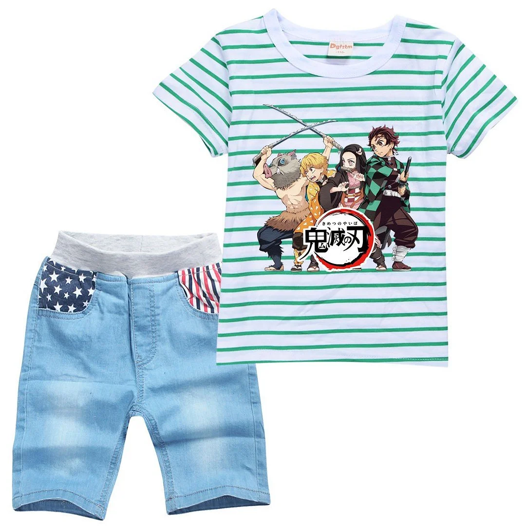 Girls Striped Demon Slayer Print Boys T Shirt Denim Shorts Suit Sets