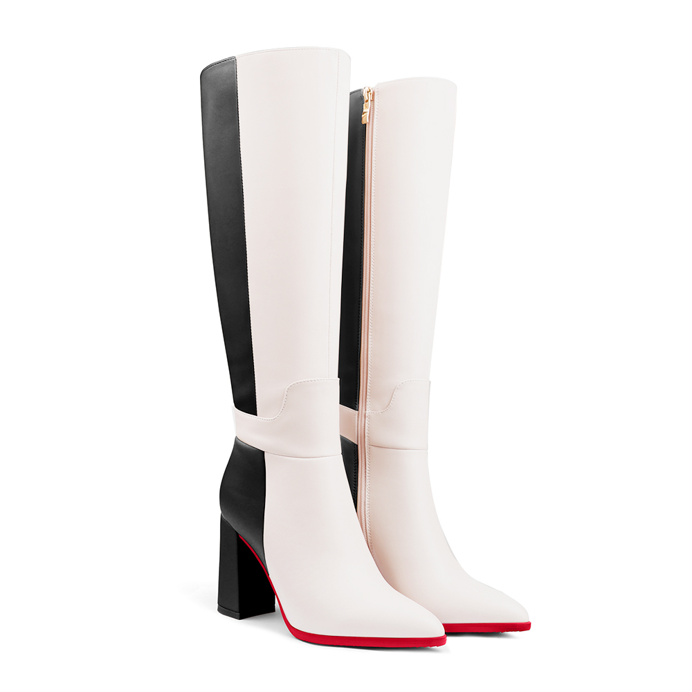 95mm/3.75 inch women's knee-high red bottom high heel boots two-color splicingmatte zipper high heels-vocosishoes