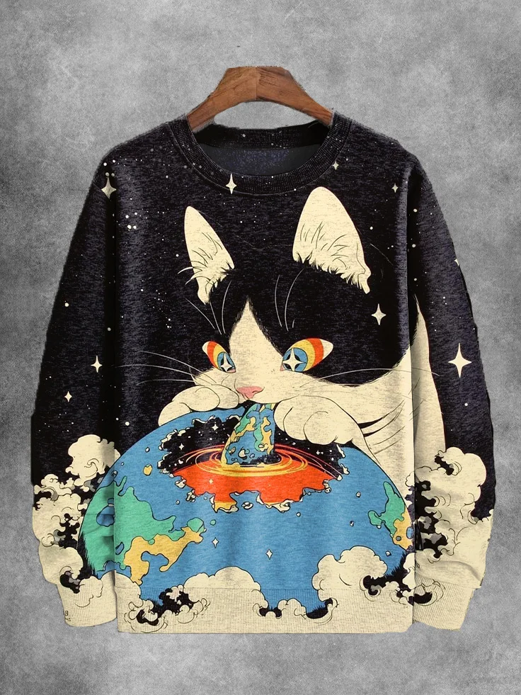 Men's Bicolor Cat Fantasy Fun Art Print Casual Sweatshirt