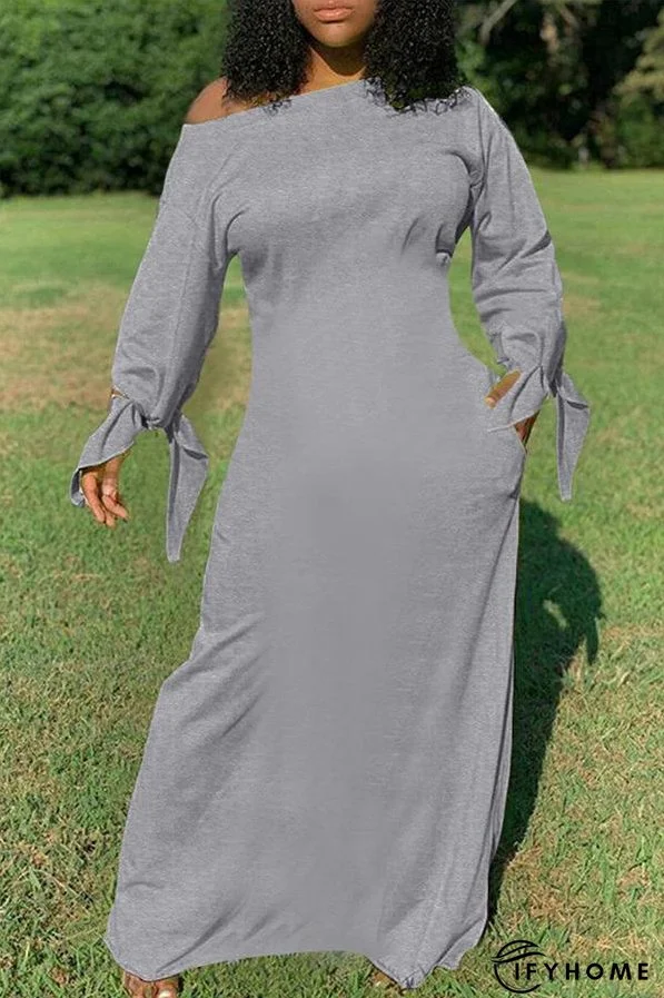 Pure Color Knotted Long Sleeve Casual Pocket Maxi Dress Plus Size | IFYHOME