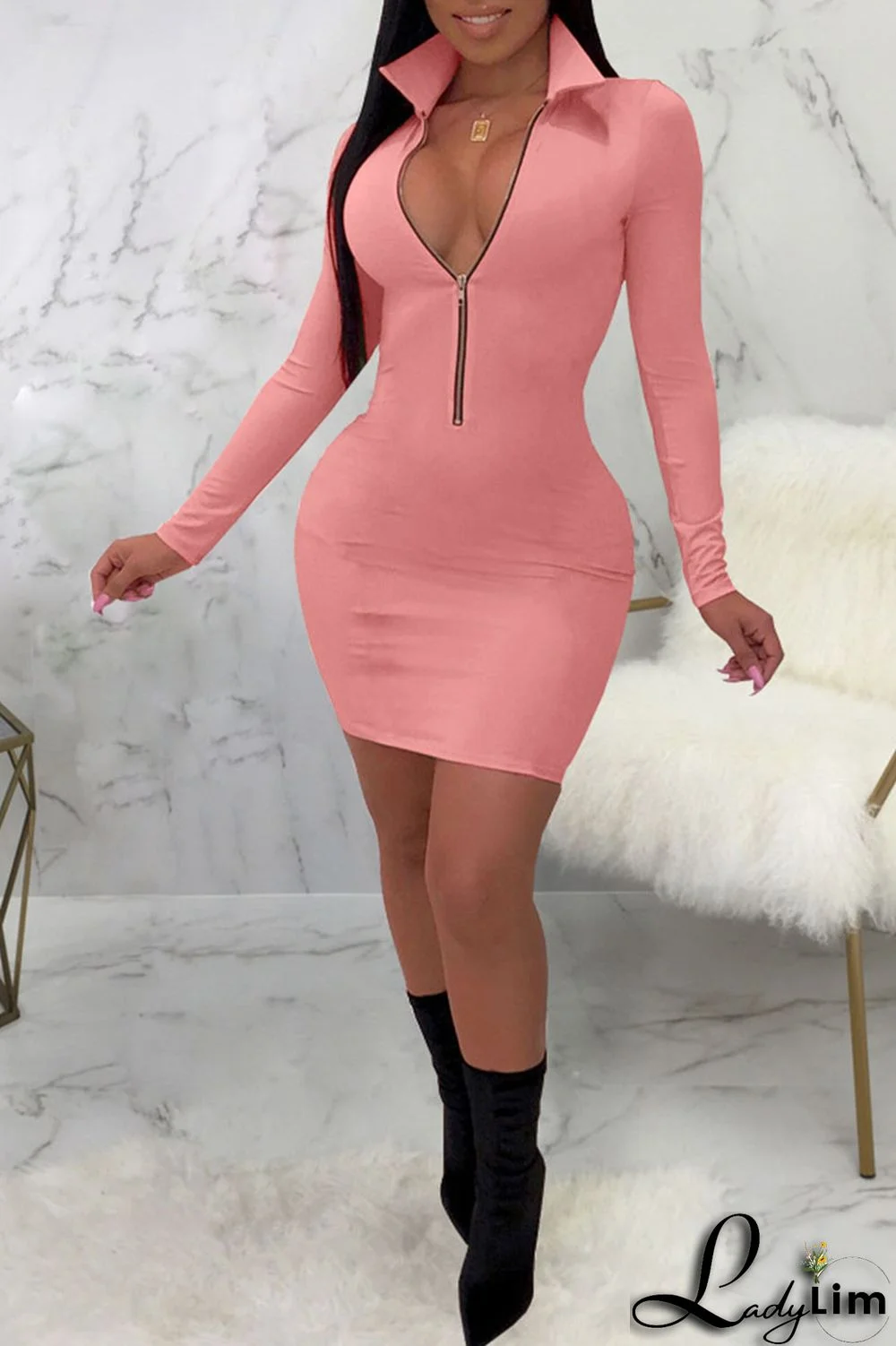 Pink Sexy Solid Split Joint Zipper Collar One Step Skirt Dresses