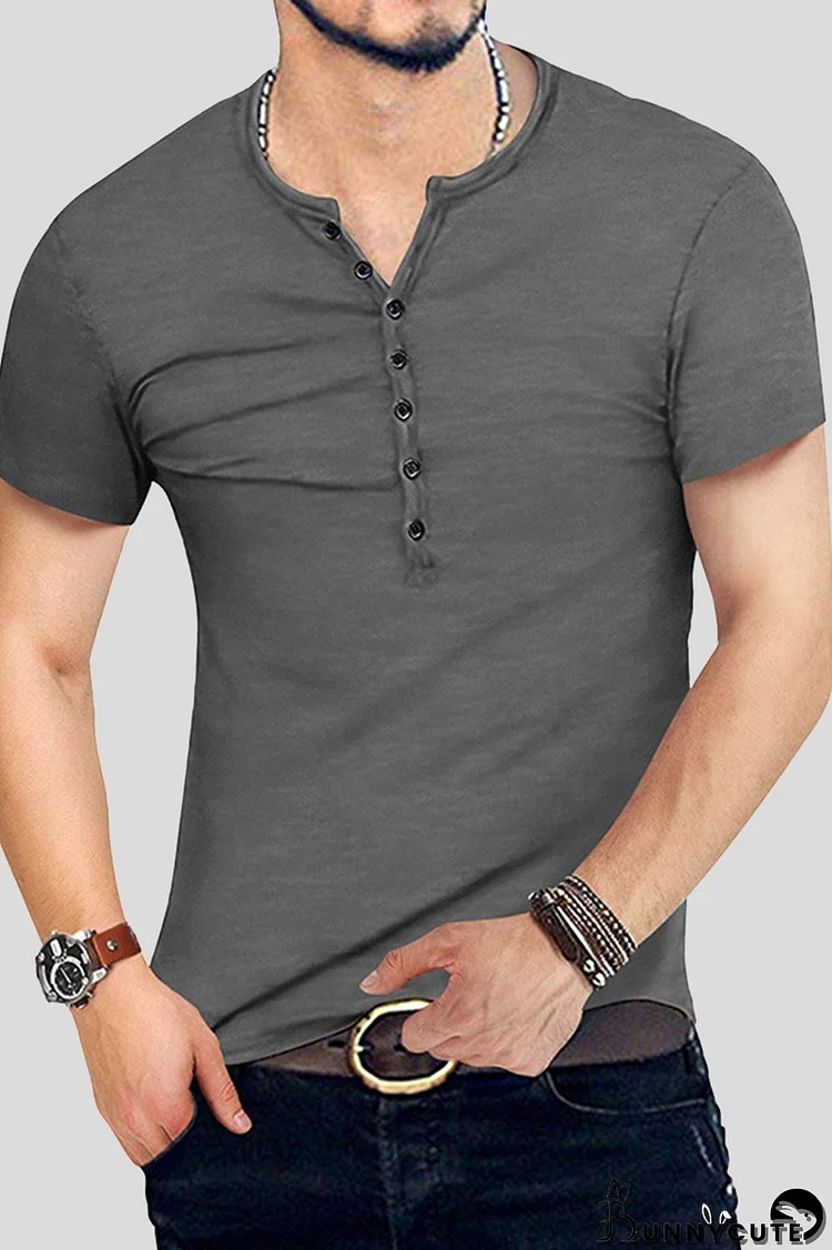 Grey Fashion Casual Solid Basic V Neck Men's Tops