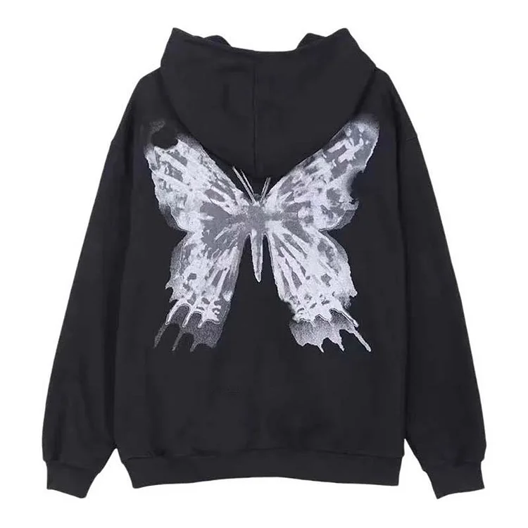 Darkness Butterfly Print Hooded Sweatshirt - Modakawa Modakawa