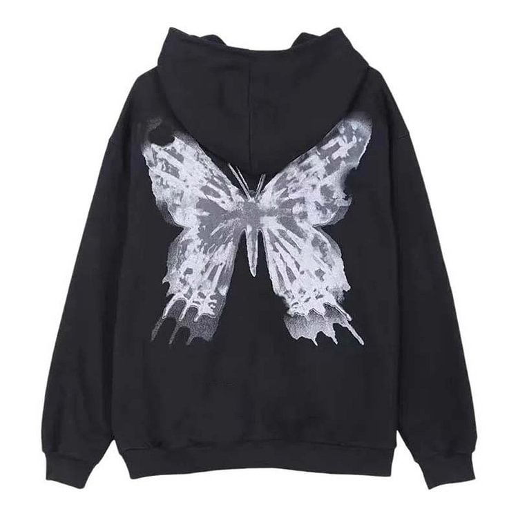 Darkness Butterfly Print Hooded Sweatshirt - Modakawa Modakawa