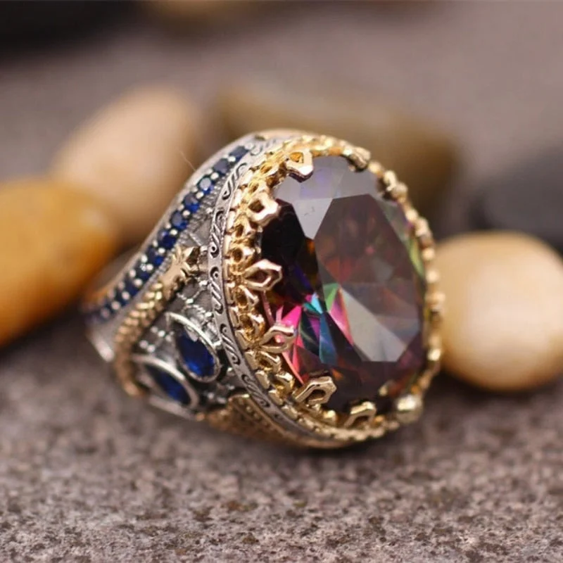 Vintage Metal Craftsman Engraved Signet Ring Inlaid Colorful Zircon Men's Business Punk Biker Ring
