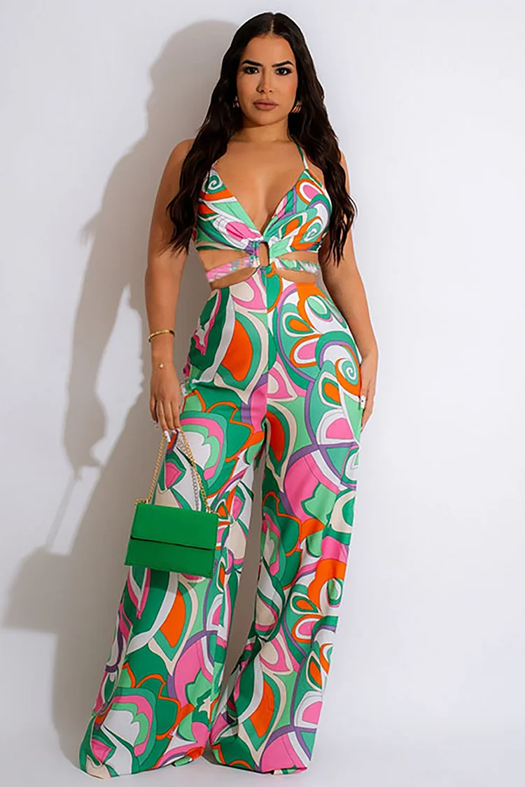V Neck Graphic Print Cut Out Halter Backless Wide Leg Vacation Jumpsuit