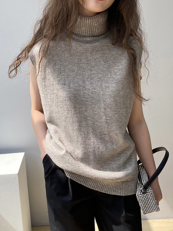 Simple Loose Solid Color High-Neck Knitting Vest Top
