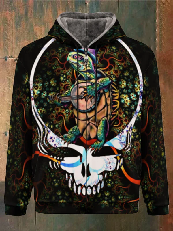 Unisex Skull Terrapin Print Double Layer Fleece Zip-Up Hooded Jacket