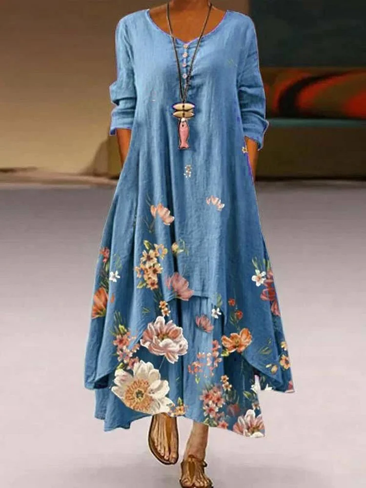 Floral Long Sleeve Crew Neck Casual Maxi Dresses