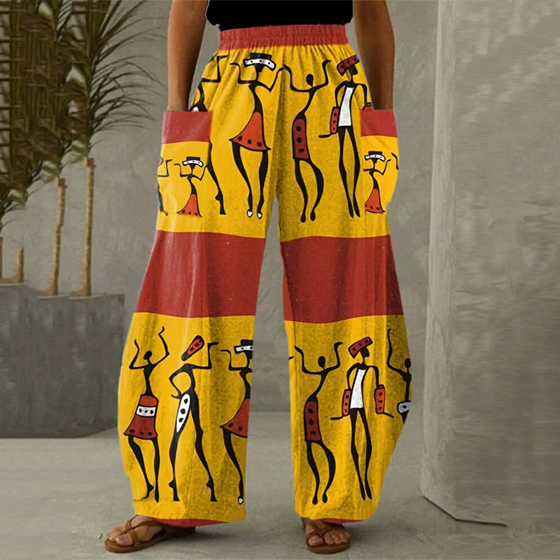Women‘s Black Juneteenth Abstract Art Print Wide Leg Pants