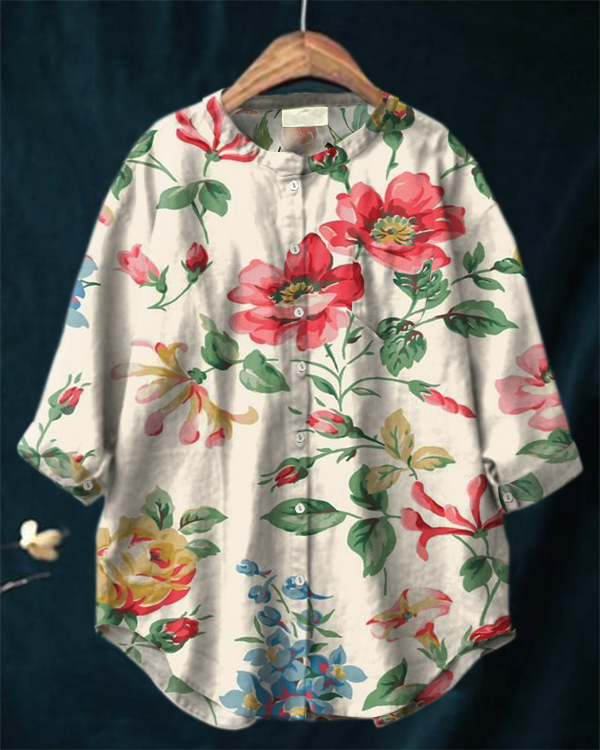 Vintage Floral Print Stand Collar Long Sleeve Cotton and Linen Shirt