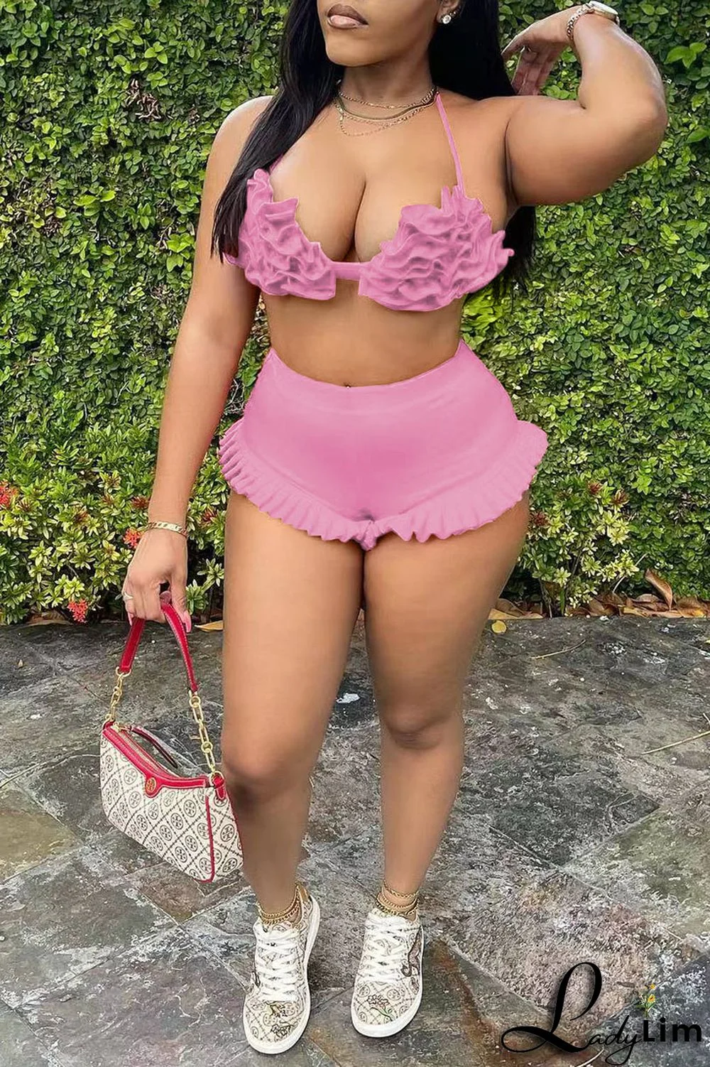 Pink Sexy Solid Split Joint Halter Sleeveless Two Pieces