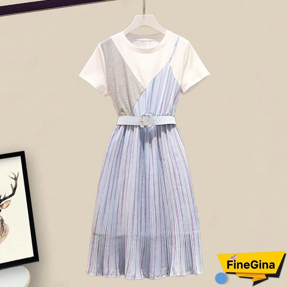 Colorblock Stripe Print Round Collar Belted T-Shirt Dress