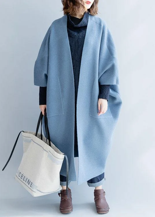 women blue wool overcoat Loose fitting long winter coat fall jackets Batwing Sleeve