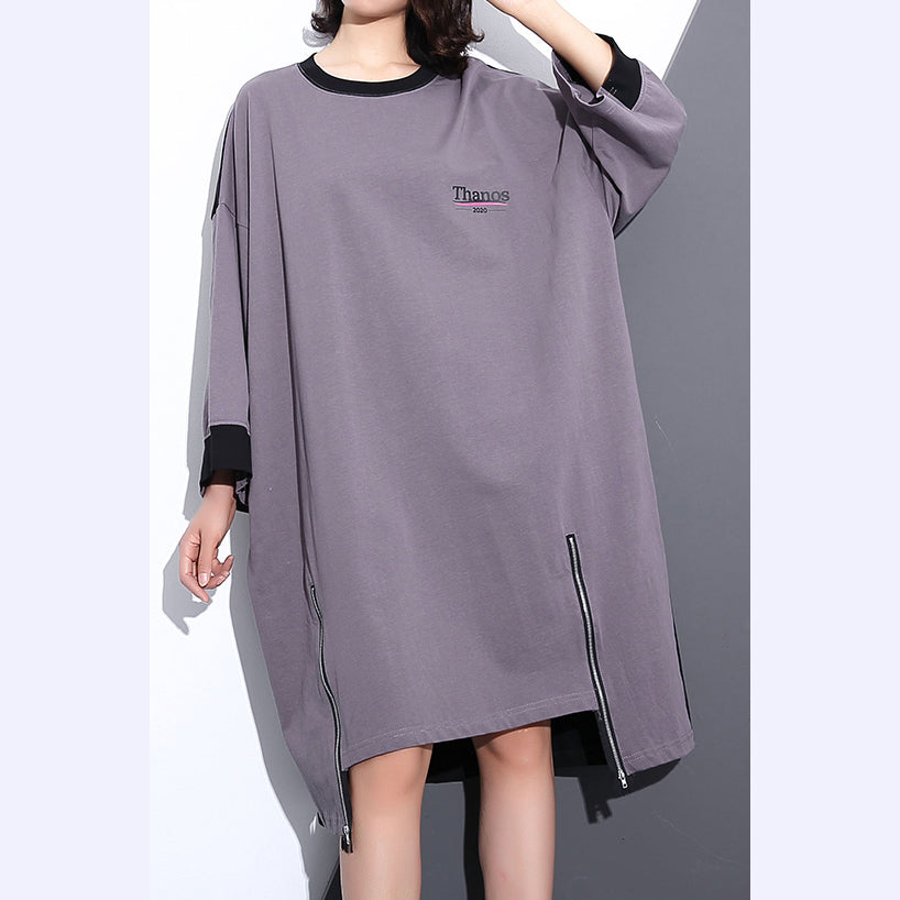 VCSHOES gray Midi-length cotton dress plus size clothing autumn dress zippered baggy vintage O neck cotton dresses