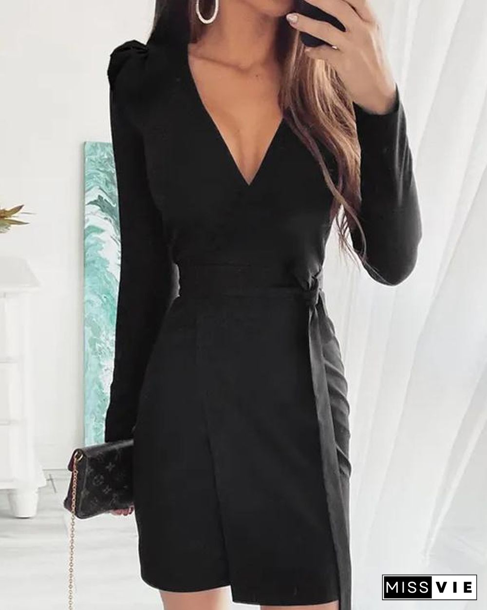 V Neck Suit Dress With Belt