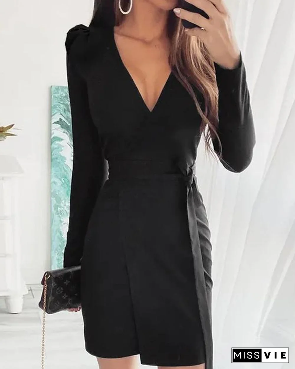 V Neck Suit Dress With Belt
