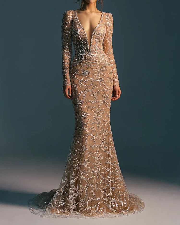 V Neck Long Sleeve Beaded Dress