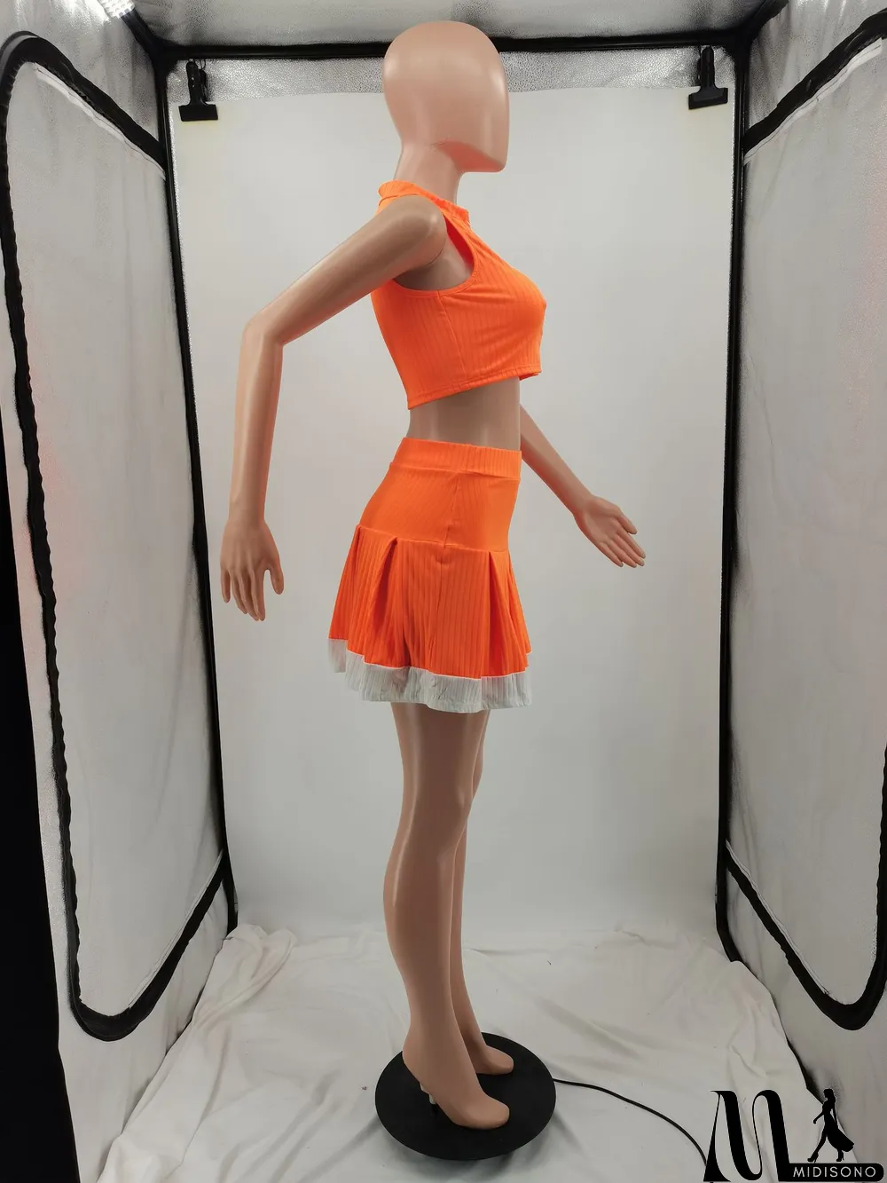 MidiSono - Casual Letter Print Sleeveless Zip Top Splice Pleated Skirt 2 Piece Set