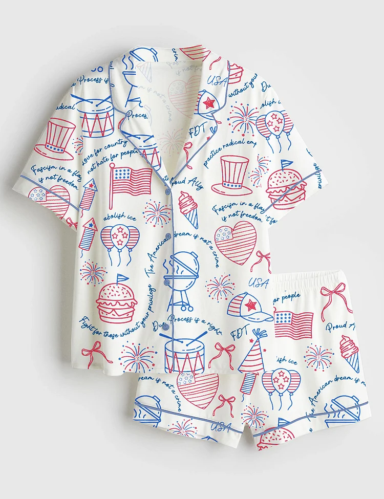 Women&rsquo;s Liberal Fourth Of July Liberal Patriotic Secret Subtle Message American FDT Print Short Sleeve Satin Pajama Set