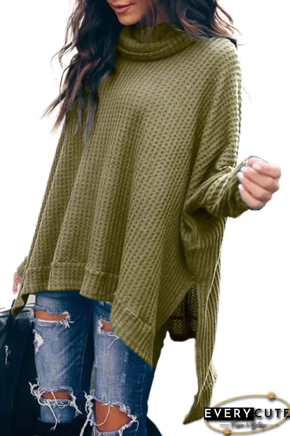 Green Turtleneck Waffle Knit Poncho Blouse