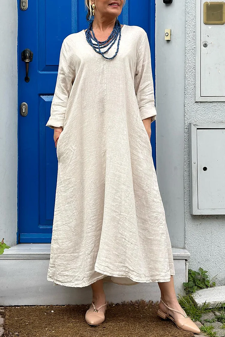 Solid Color Casual V Neck Long Sleeve Linen Maxi Dresses [Pre Order]