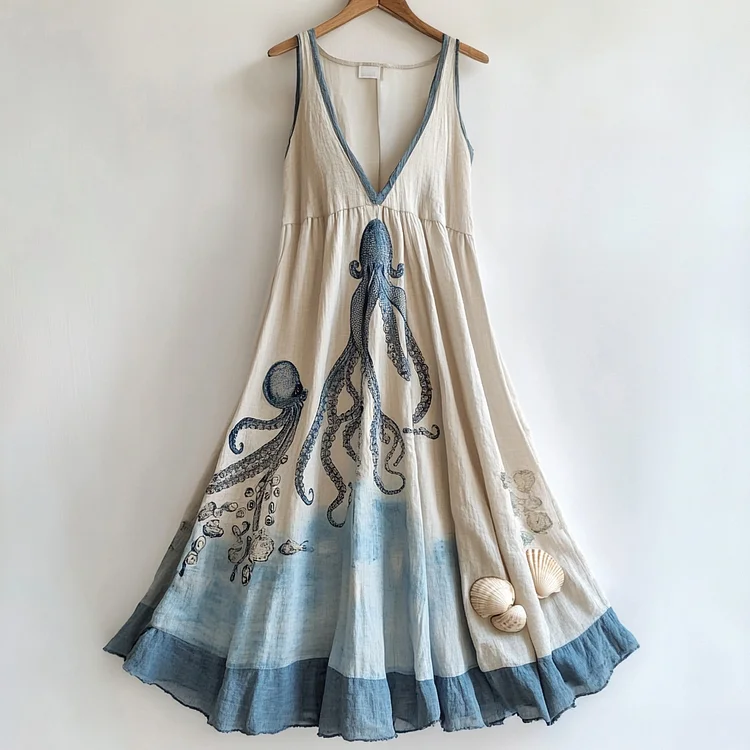 Simpfit Vintage Kleid aus Nachahmung aus Baumwolle und Leinen mit Oktopus und Muschel