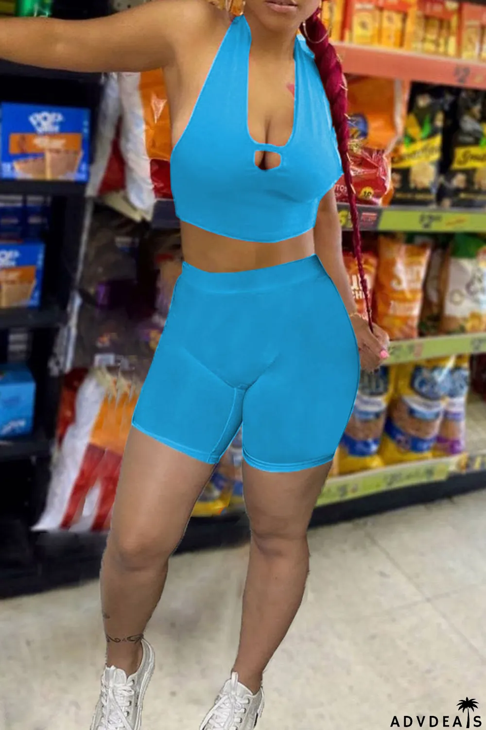 Black Sexy Solid Patchwork V Neck Sleeveless Two Pieces