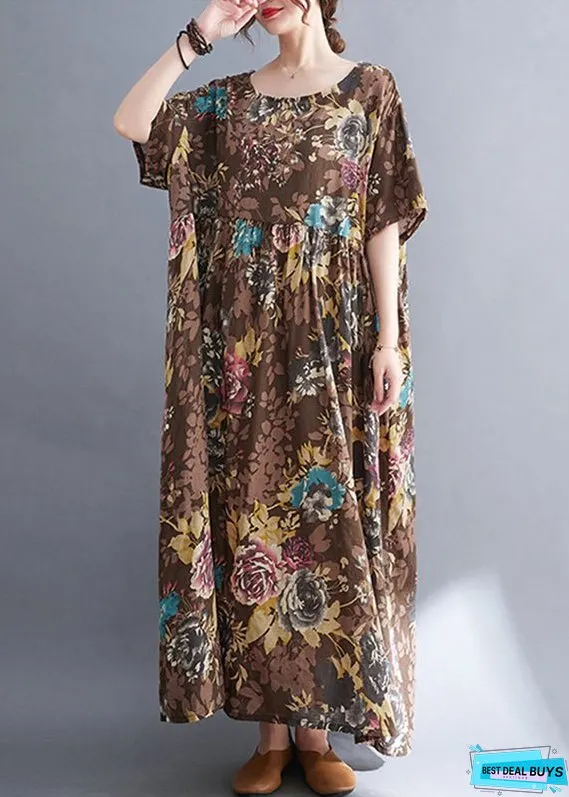 Women Coffee O-Neck Print Maxi Dress Short Sleeve