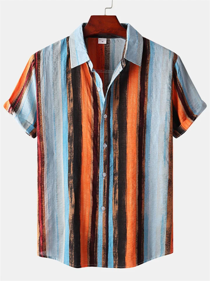 Summer Hawaii Men's Cardigan Cotton Linen Men's Shirt Striped Printed Lapel Short Sleeve Loose Type Shirt-Cosfine